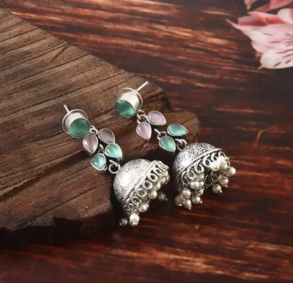 Baby Pink and Sea Green Oxidised Silver Small Jhumka Earrings