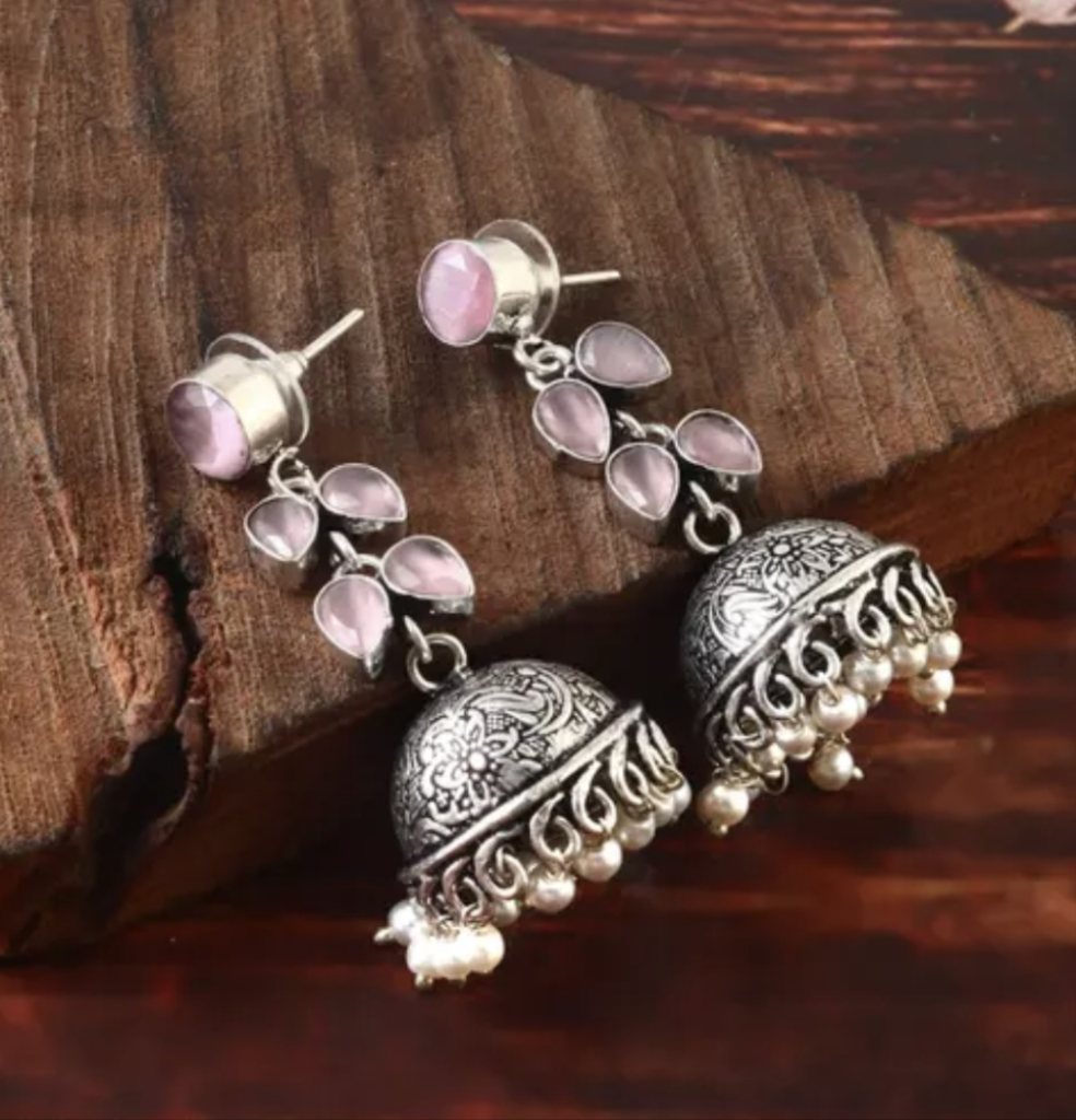 Baby Pink Oxidised Silver Small Jhumka Earrings