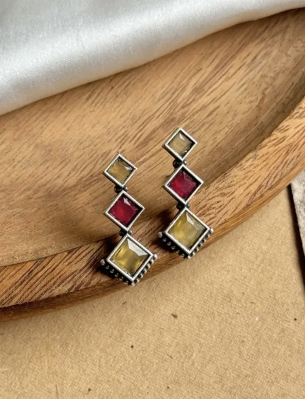 Ruby Red and Yellow Stones Studded Oxidised Silver Drop Earrings