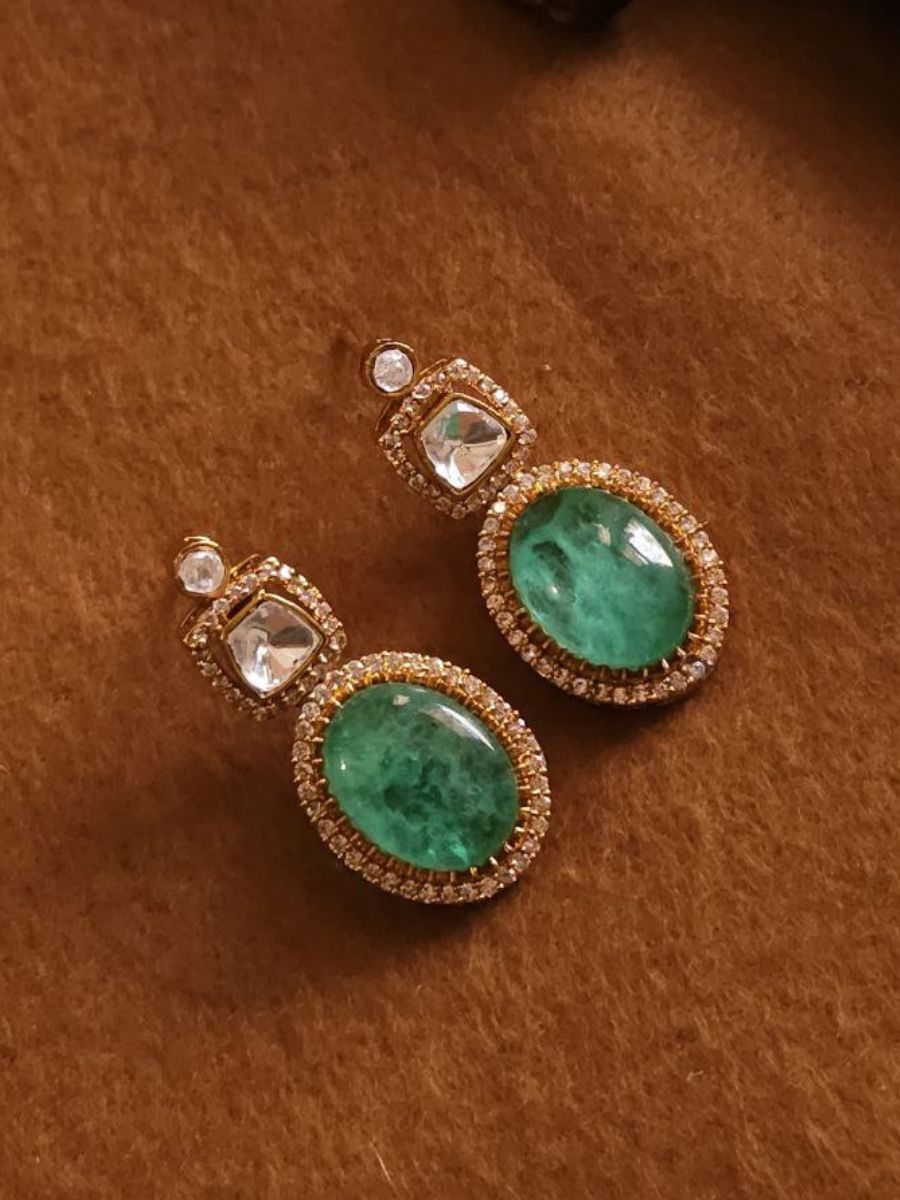 Light Green Double Stone Polki Kundan Diamond Earrings