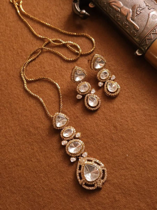 Buy Long Polki Kundan Pendant Golden Chain Necklace Set - TheJewelbox