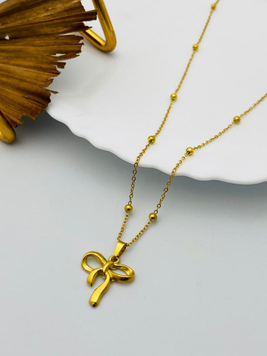Buy Mini Ribbon Bow Golden Plated Beads Chain Necklace Online - TheJewelbox
