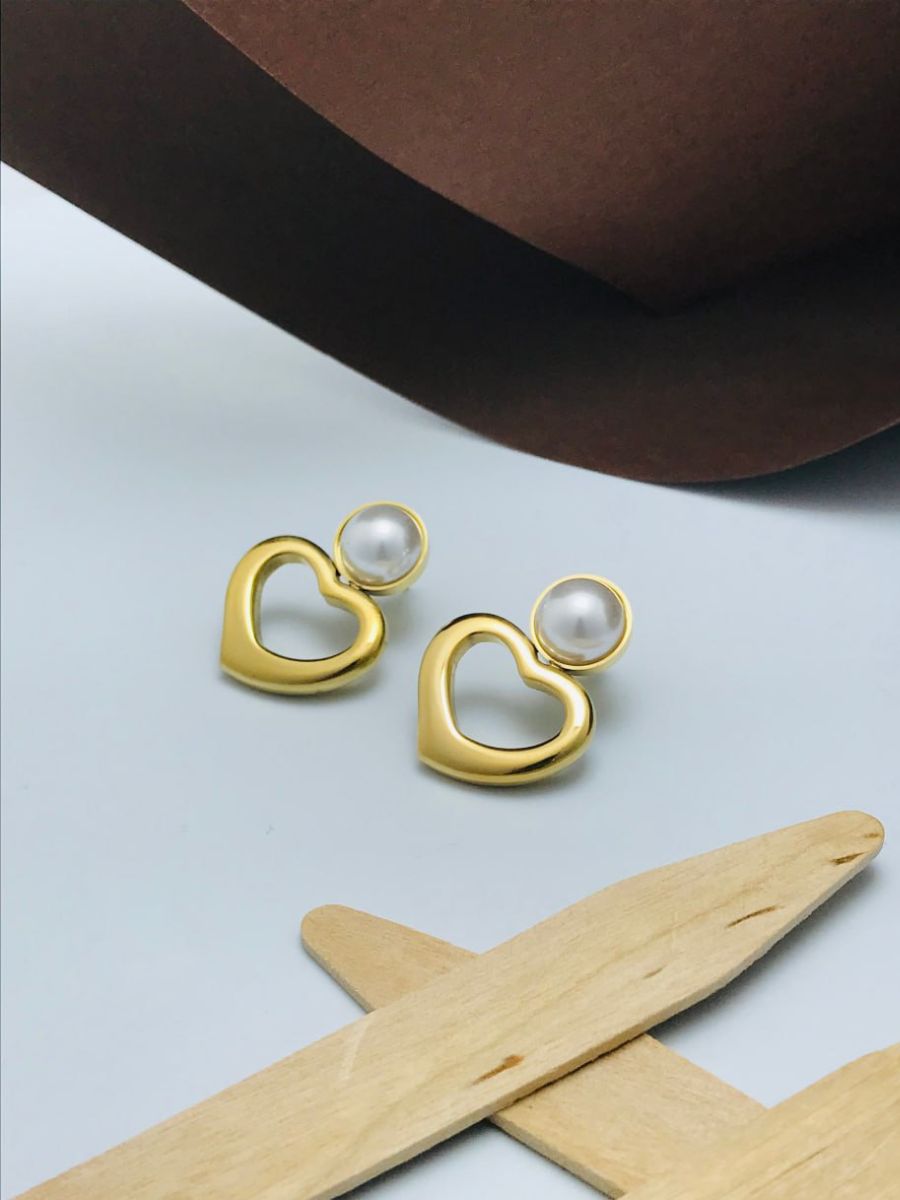 Buy Minimal Gold Plated Pearl Studded Heart Drop Earrings - TheJewelbox