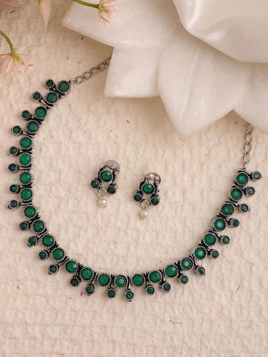 Buy Minimal Green Stone Oxidised Choker Necklace Set Online - TheJewelbox