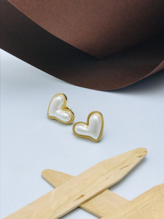 Buy Minimal Pearl Studded Gold Plated Heart Stud Earrings - TheJewelbox
