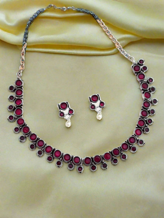 Buy Minimal Round Red Stone Oxidised Choker Necklace Set Online - TheJewelbox