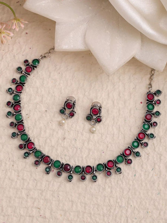 Buy Minimal Round Red and Green Stone Oxidised Choker Necklace Set Online - TheJewelbox