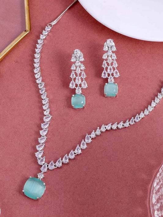 Buy Mint Green Square Pendant American Diamond Necklace Set Online - TheJewelbox