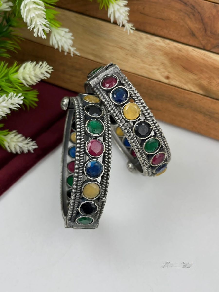 Buy Multi Colour Round Stones Oxidised Silver Kada Bangle Set - TheJewelbox