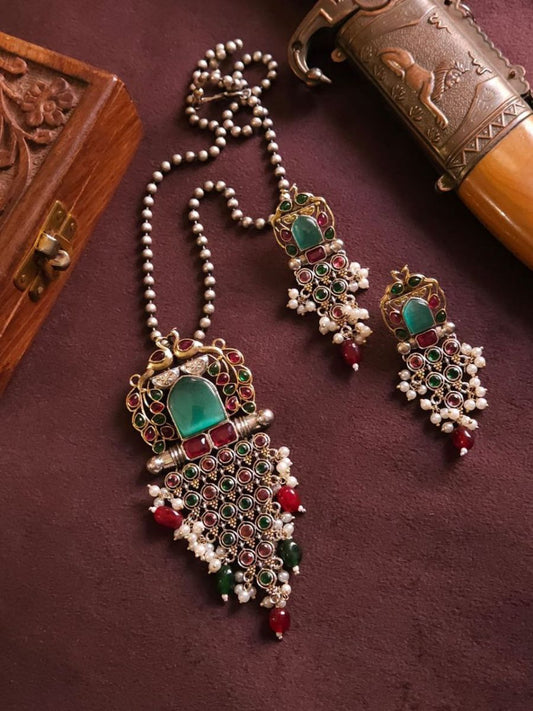 Buy Multicolor Dual Tone Oxidised Long Necklace Set with Earrings - TheJewelbox
