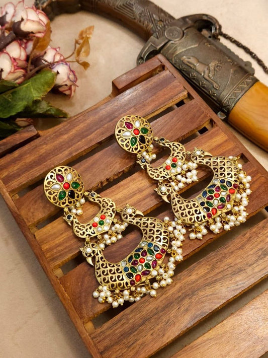 Buy Multicolor Stones Antique Golden Plated Chandbali Earrings Online - TheJewelbox