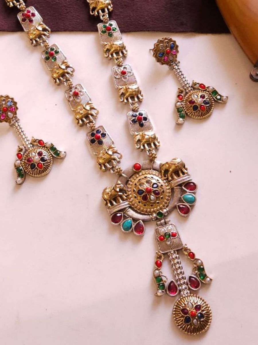 Multicolor Stones Dual Toned Oxidised Long Necklace Set