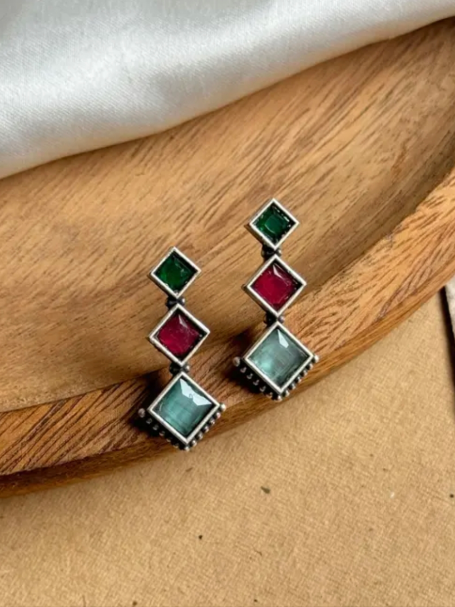 Buy Multicolor Stones Oxidised Silver Drop Earrings Online - TheJewelbox