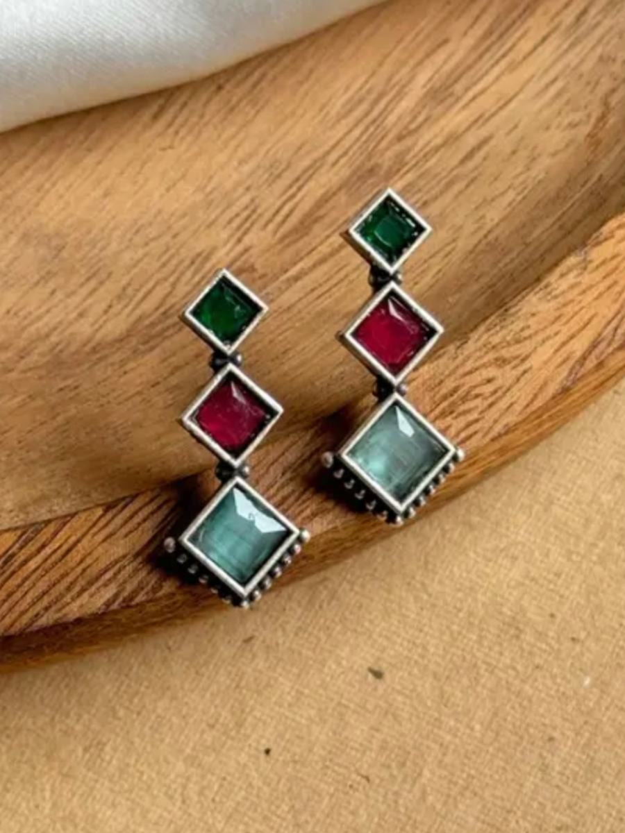 Multicolor Stones Oxidised Silver Drop Earrings