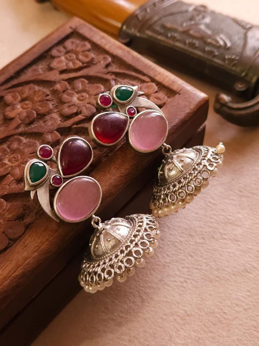 Buy Multicolor Stones Small Oxidised Silver Jhumka Earrings - TheJewelbox