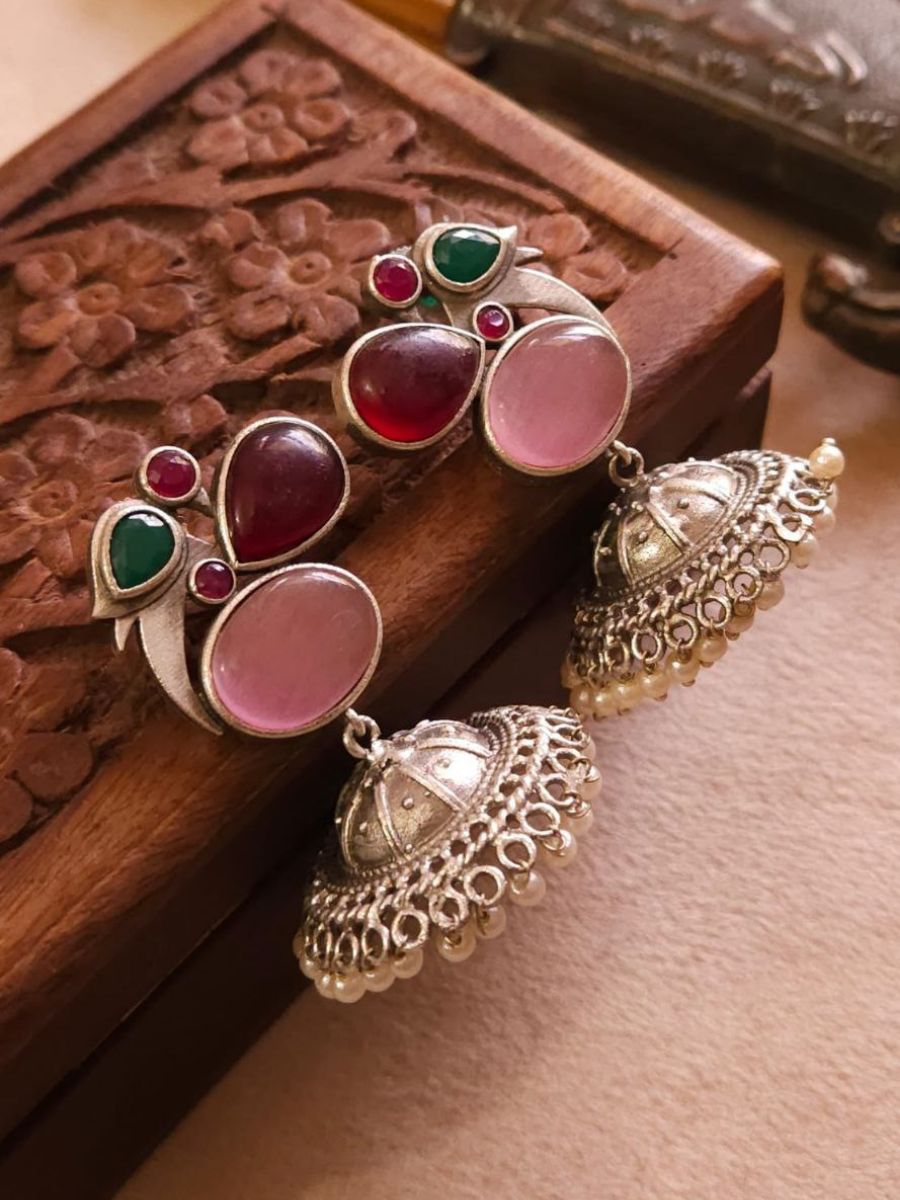 Multicolor Stones Small Oxidised Silver Jhumka Earrings
