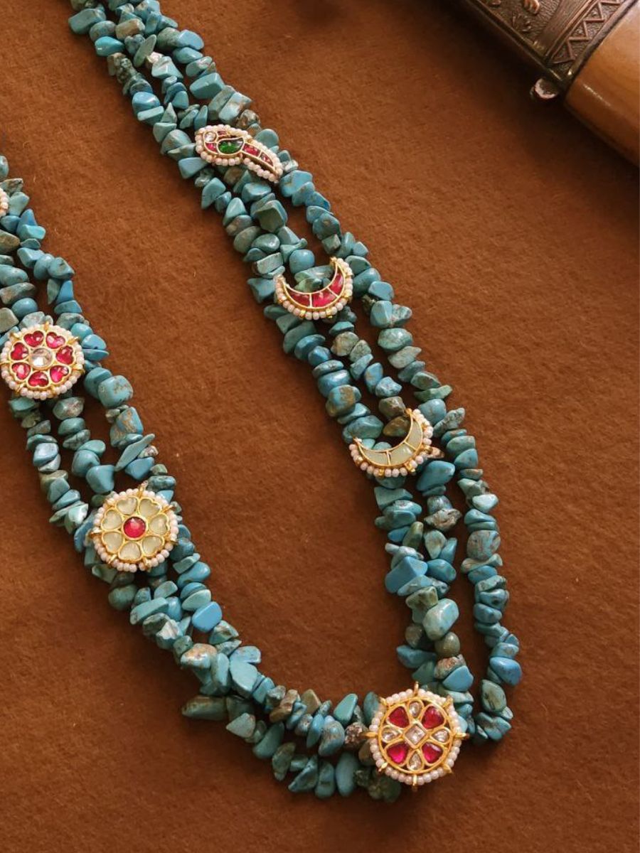 Natural Turquoise Uncut Stones Kundan Studded Necklace