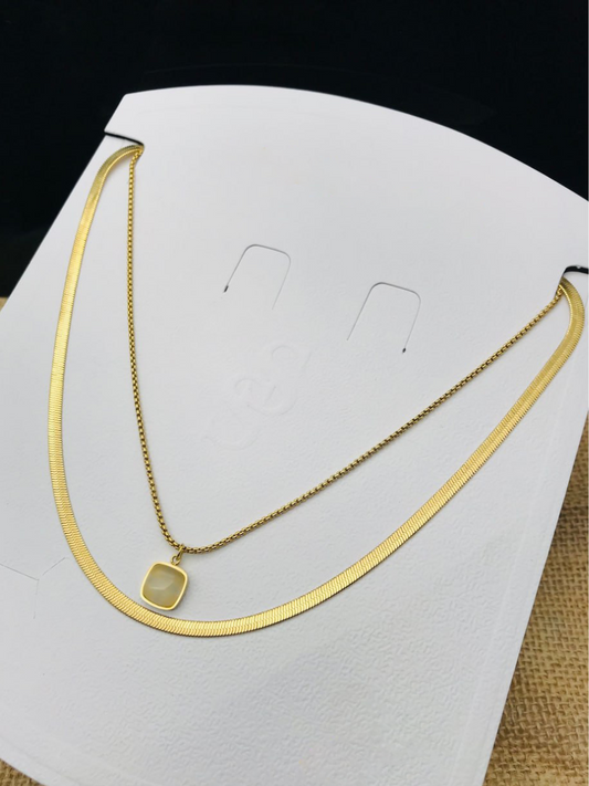 Buy Off White Square Pendant Golden Plated Double Chain Necklace Online - TheJewelbox