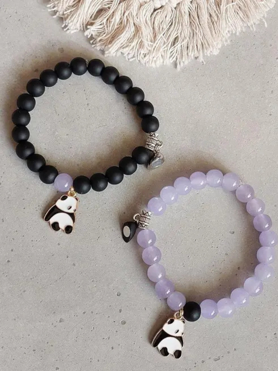 Panda Charms Black and Purple Beaded Friendship Bracelets