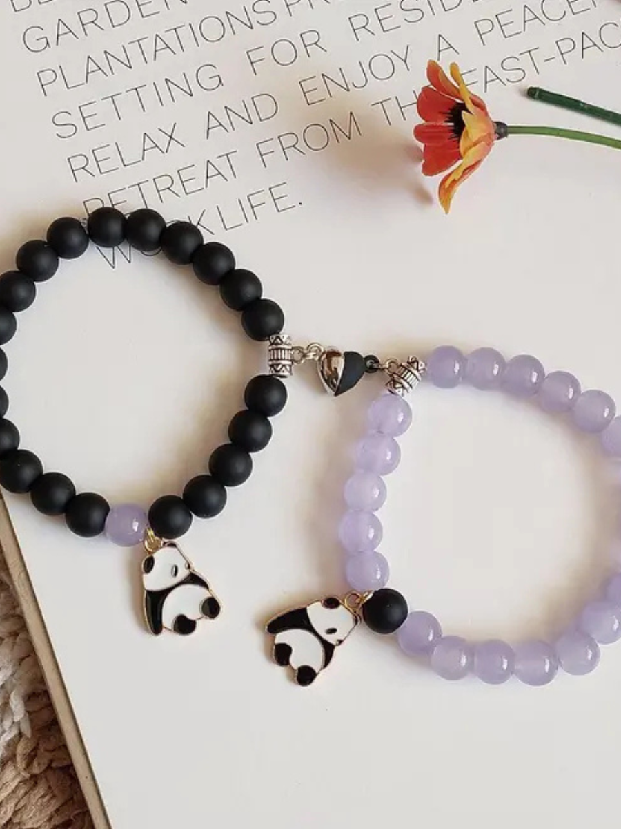 Panda Charms Black and Purple Beaded Friendship Bracelets