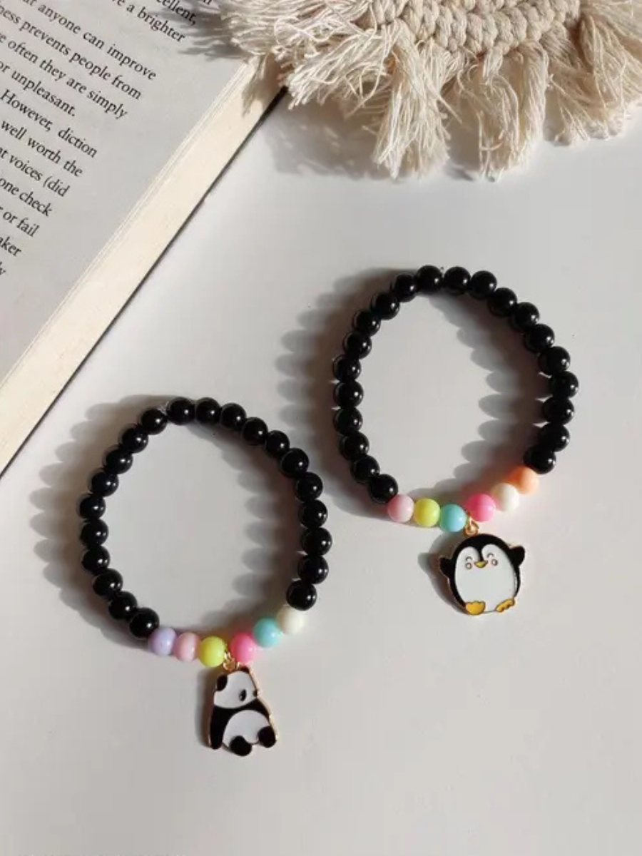 Panda and Penguin Charms Black Beaded Friendship Beacelets