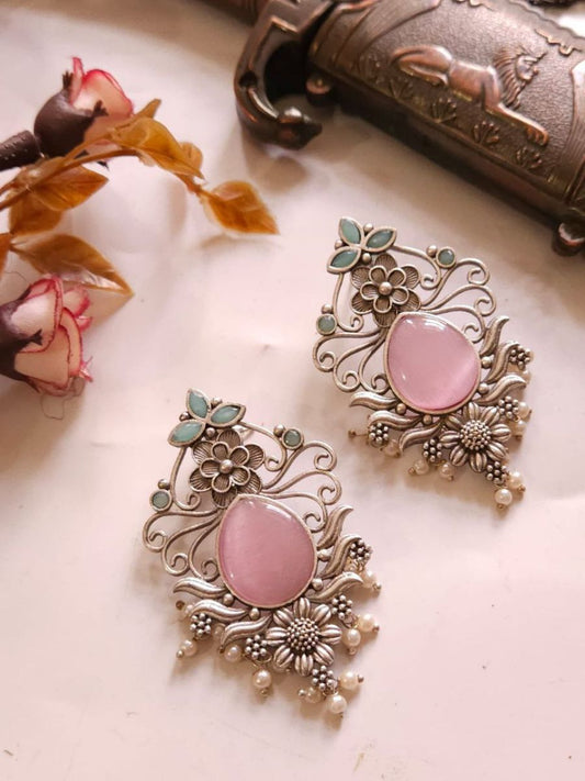 Buy Pastel Pink and Blue Monalisa Stone Oxidised Silver Earrings - TheJewelbox