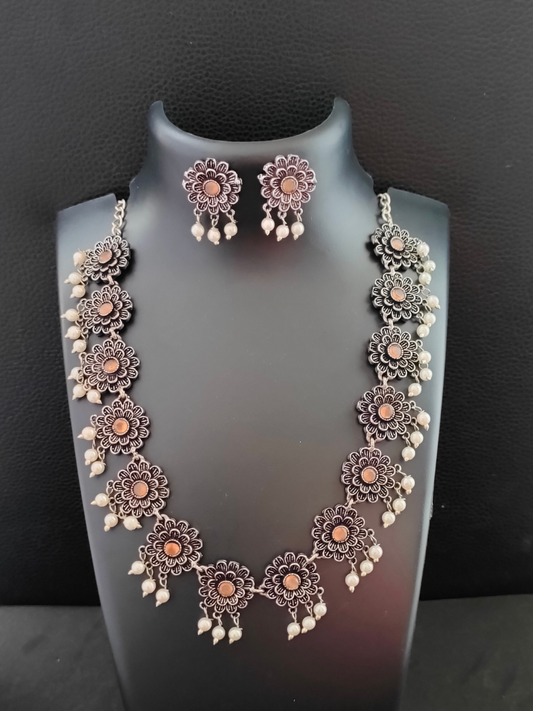 Buy Peach Flower Shaped Oxidised Silver Necklace Set with Earrings