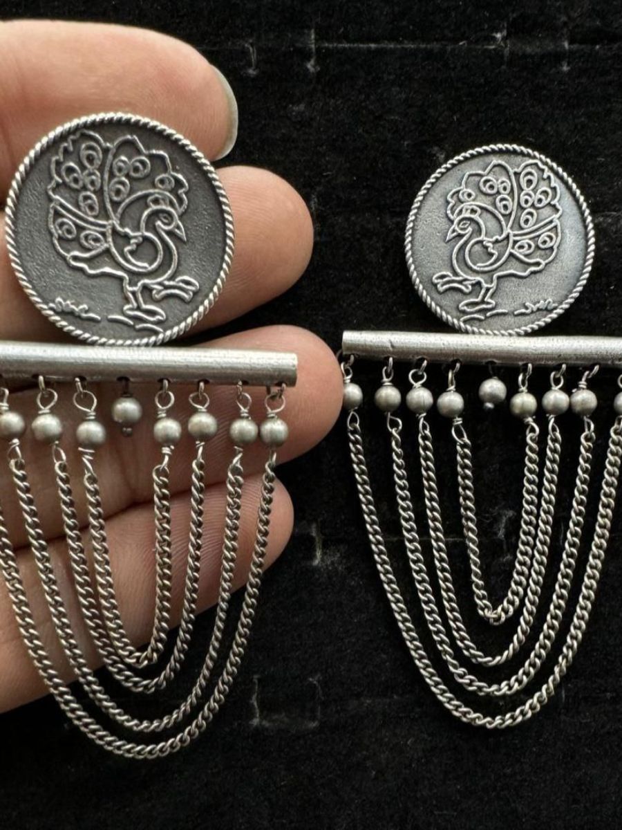 Peacock Style Oxidised Silver Chain Drop Earrings
