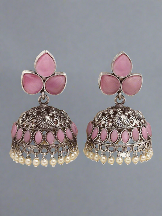 Buy Pink Monalisa Stones Small Oxidised Silver Jhumki Earrings Online - TheJewelbox