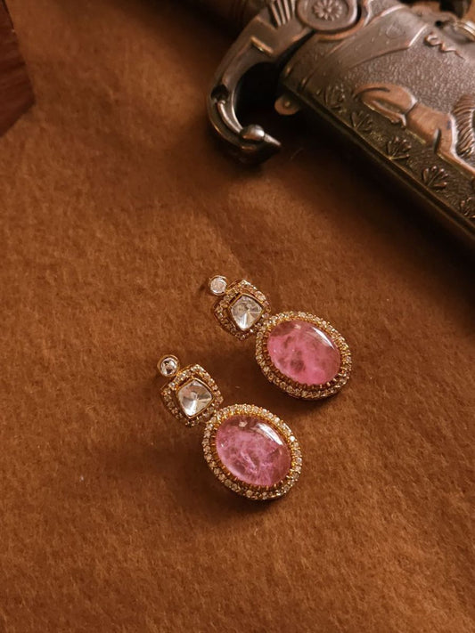 Buy Pink Natural Stone Polki Kundan Diamond Stud Earrings - TheJewelbox