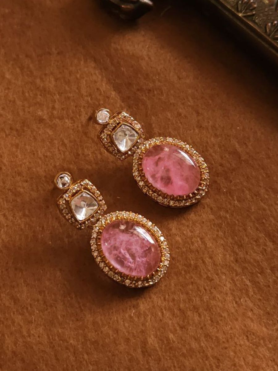 Pink Natural Stone Polki Kundan Diamond Stud Earrings