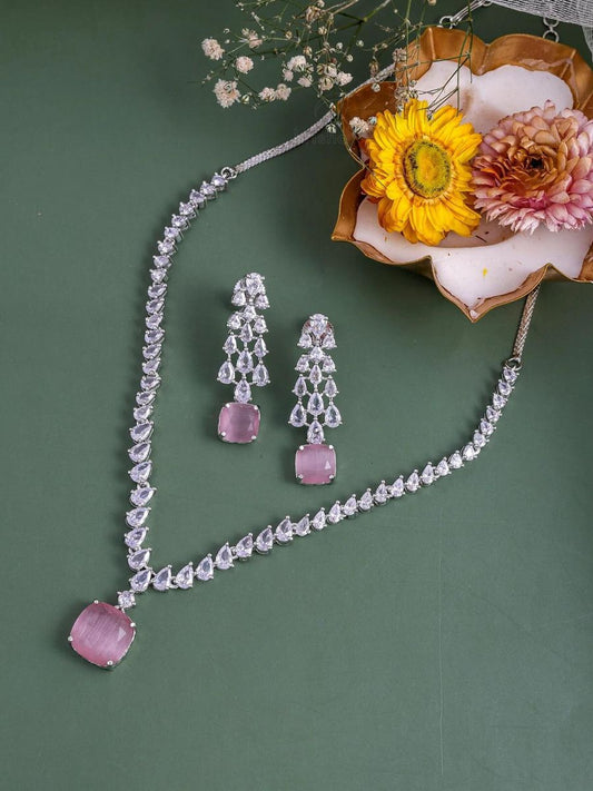 Buy Pink Square Pendant American Diamond Necklace Set Online - TheJewelbox