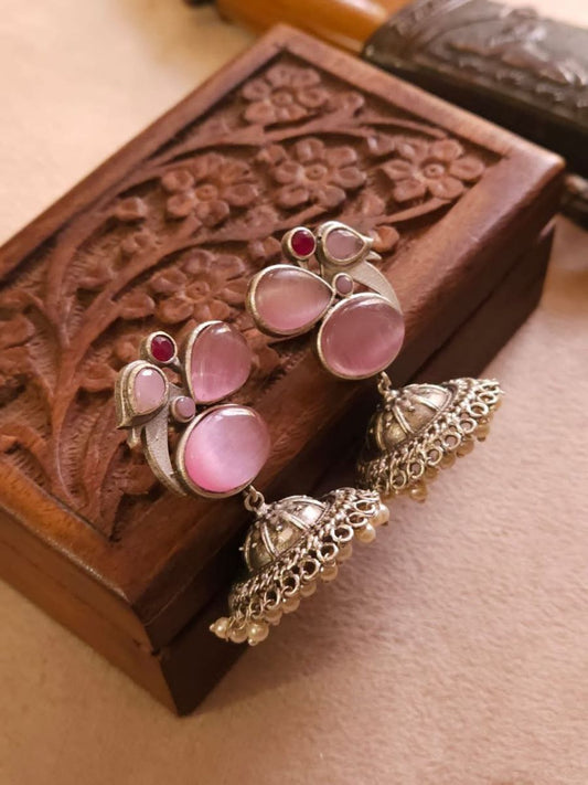 Buy Pink Stones Small Oxidised Silver Jhumka Earrings - TheJewelbox