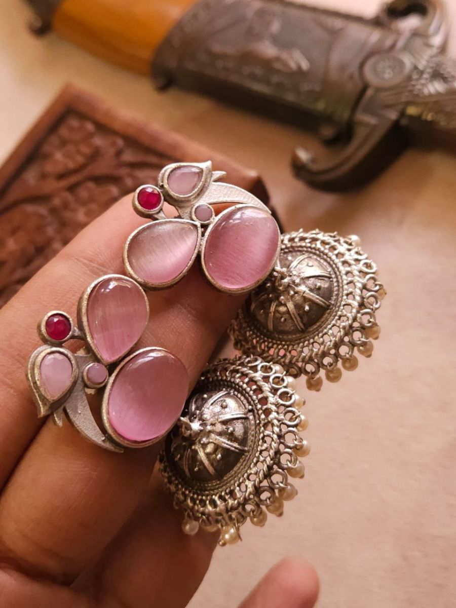 Pink Stones Small Oxidised Silver Jhumka Earrings