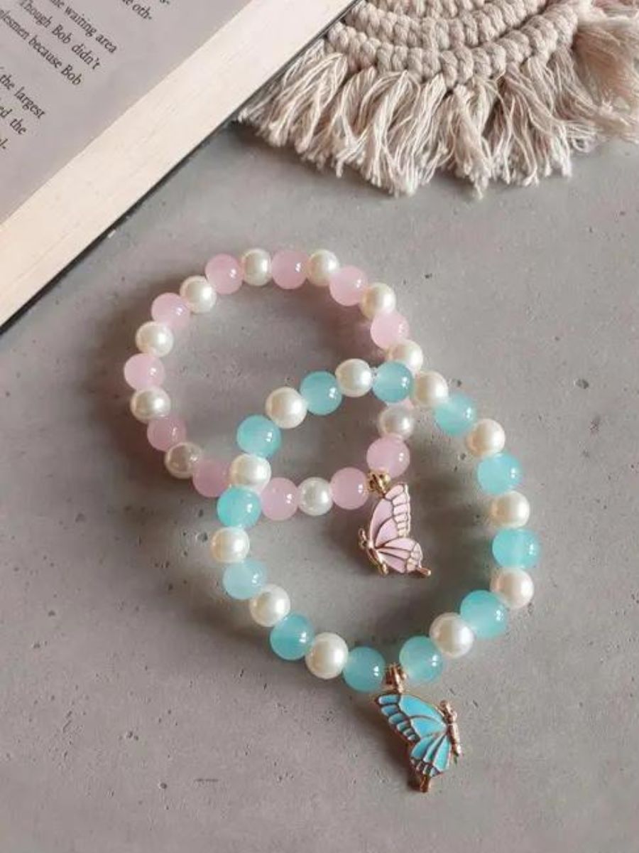 Pink and Blue Butterfly Charm Pearl Beaded Bracelets