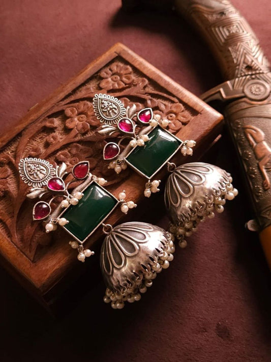 Buy Pink and Green Stones German Silver Oxidised Jhumka Earrings - TheJewelbox