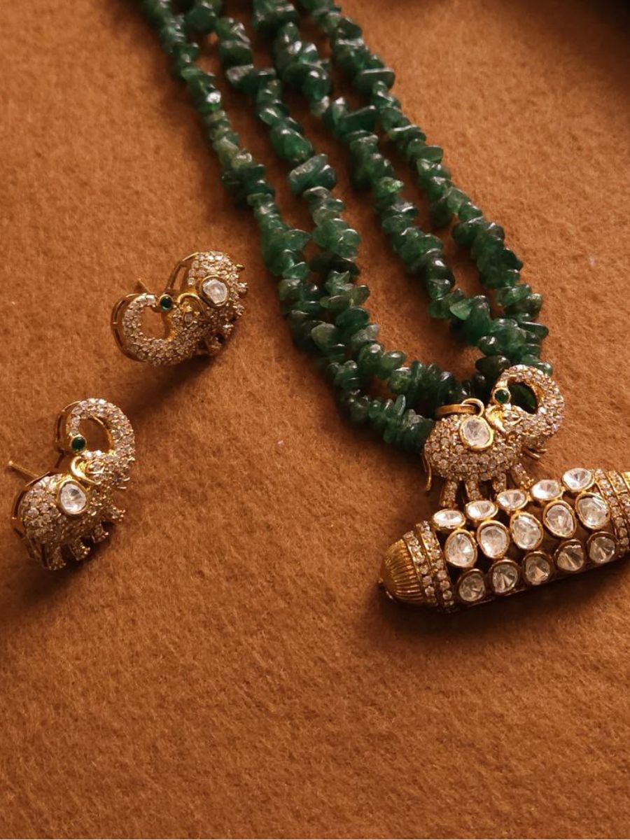 Polki Kundan Elephant Pendant Uncut Beaded Long Necklace