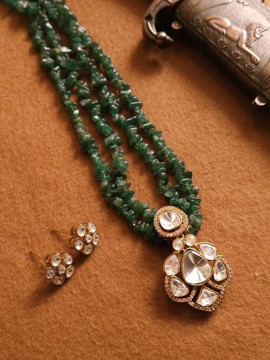 Buy Polki Kundan Pendant Uncut Beaded Long Necklace Set - TheJewelbox