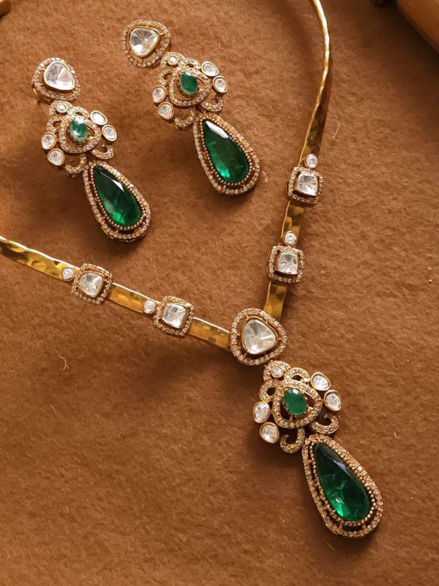 Premium Green Stones Kundan Studded Golden Hasli Necklace