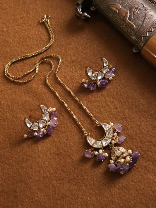 Buy Purple Stones Polki Kundan Long Chain Necklace Set - TheJewelbox