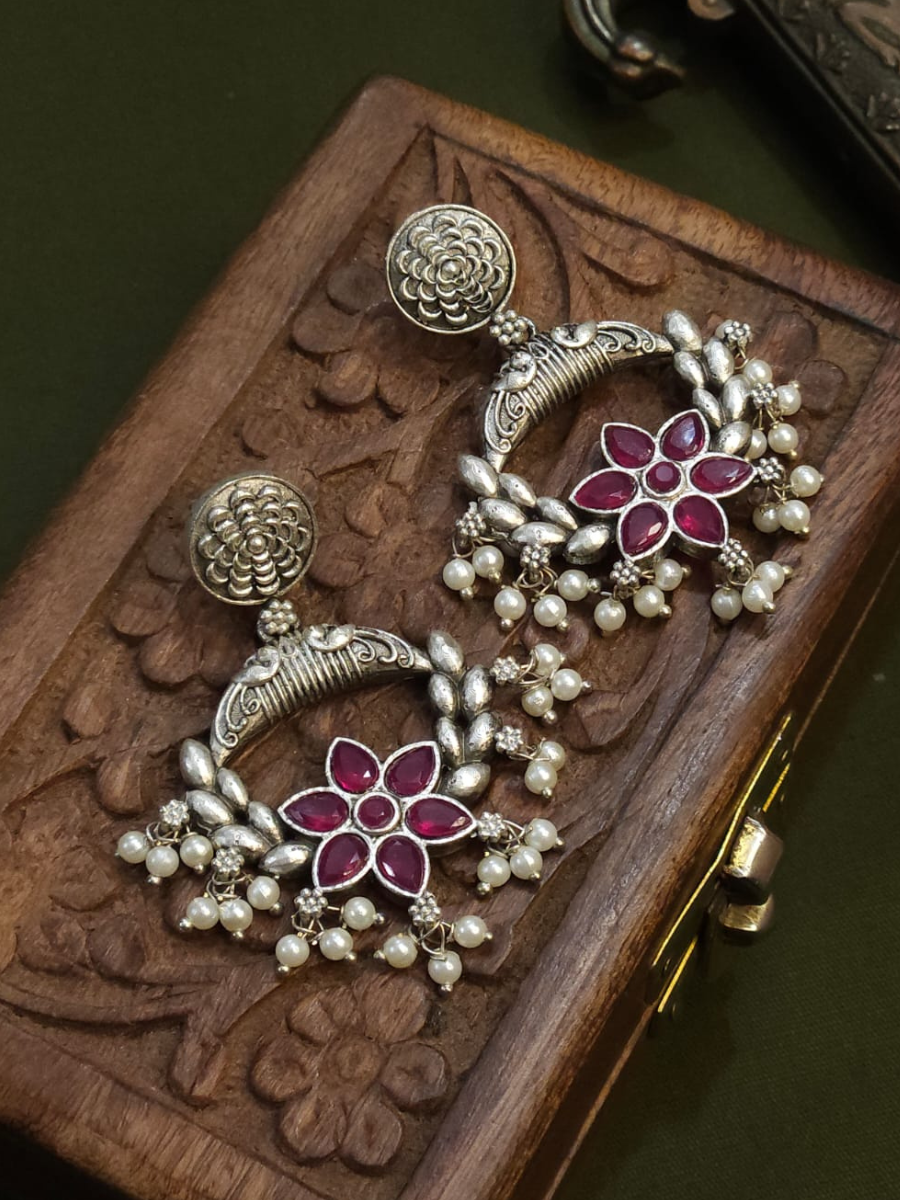 Rani Pink Stones Studded Oxidised Silver Dangler Earrings