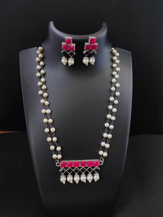 Buy Rani Pink and Black Stone Long Oxidised Pearl Necklace Set - TheJewelbox
