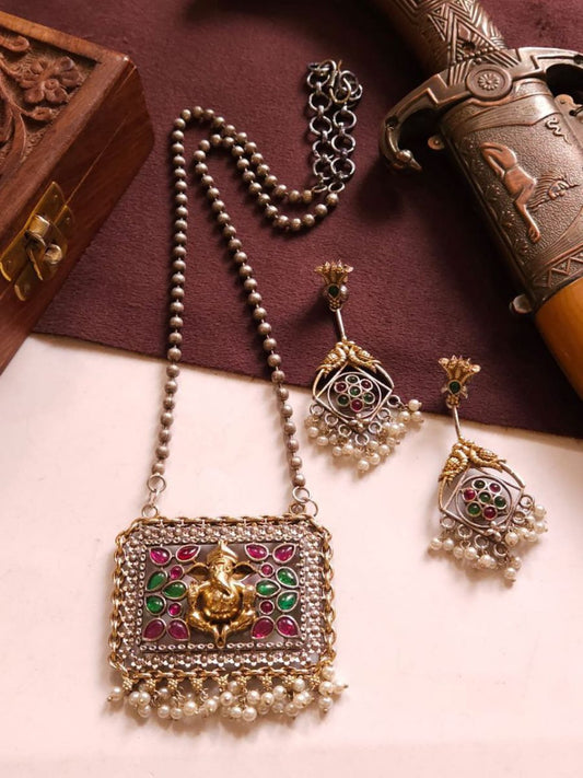 Buy Rani Pink and Green Stone Ganesha Pendant Oxidised Necklace - TheJewelbox