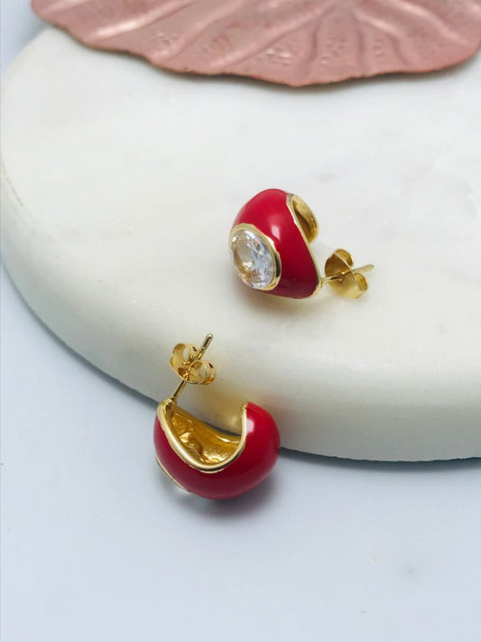 Buy Red Enamelled Golden Diamond Half Hoop Earrings Online - TheJewelbox