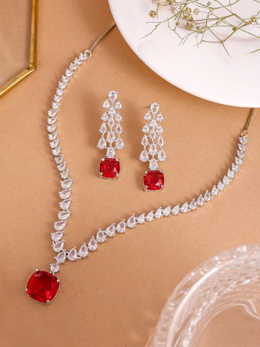 Buy Red Square Pendant American Diamond Necklace Set Online - TheJewelbox