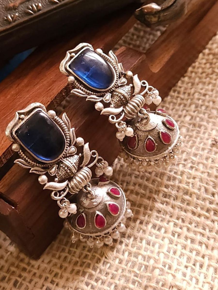 Red and Blue Stone Studded Oxidised Silver Jhumka Earrings