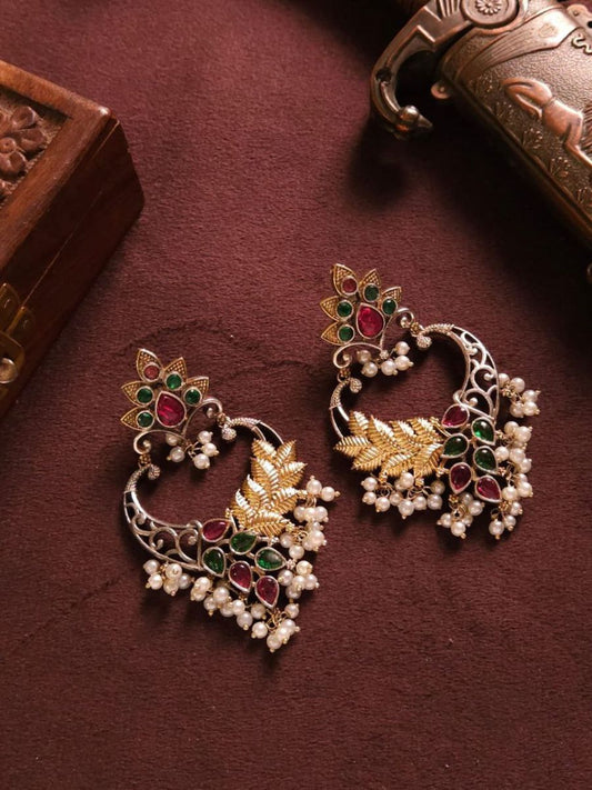 Buy Red and Green Oxidised Silver and Golden Chandbali Earrings - TheJewelbox
