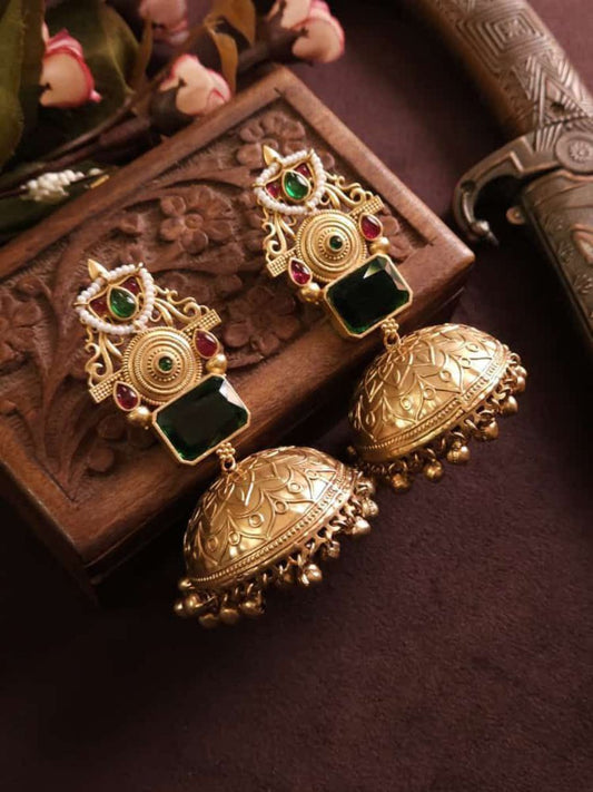 Buy Red and Green Stone Golden Oxidised Jhumka Earrings Online - TheJewelbox