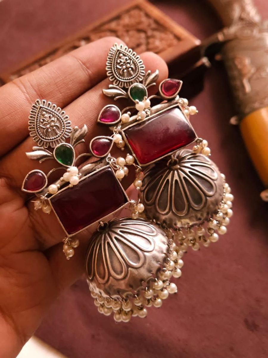 Red and Green Stones German Silver Oxidised Jhumka Earrings
