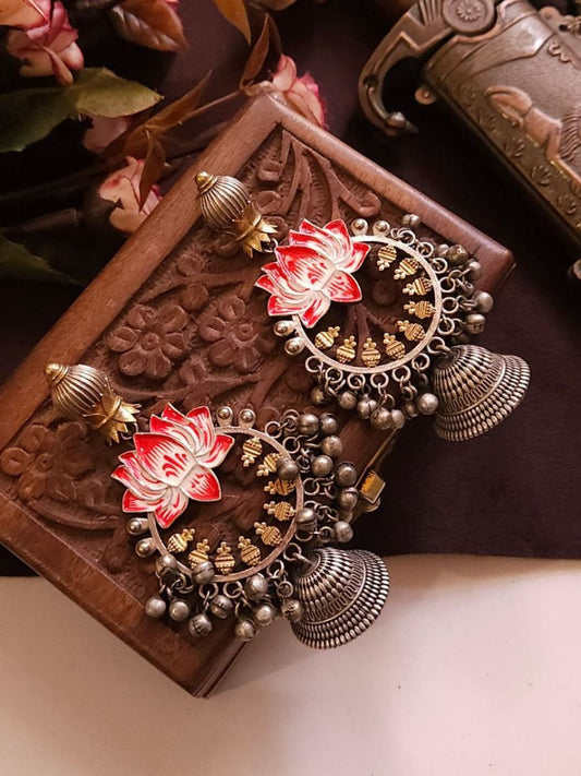 Buy Red and White Hand Painted Lotus Style Jhumka Earrings - TheJewelbox
